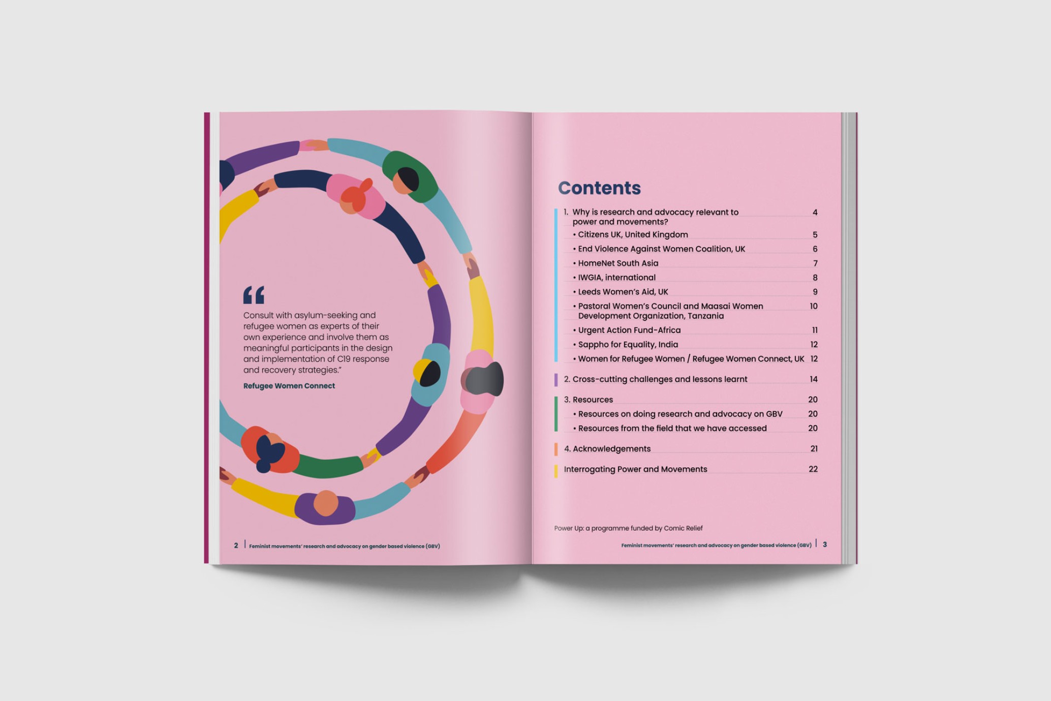 Open learning brief with a colourful image of women in a circle together and contents page.