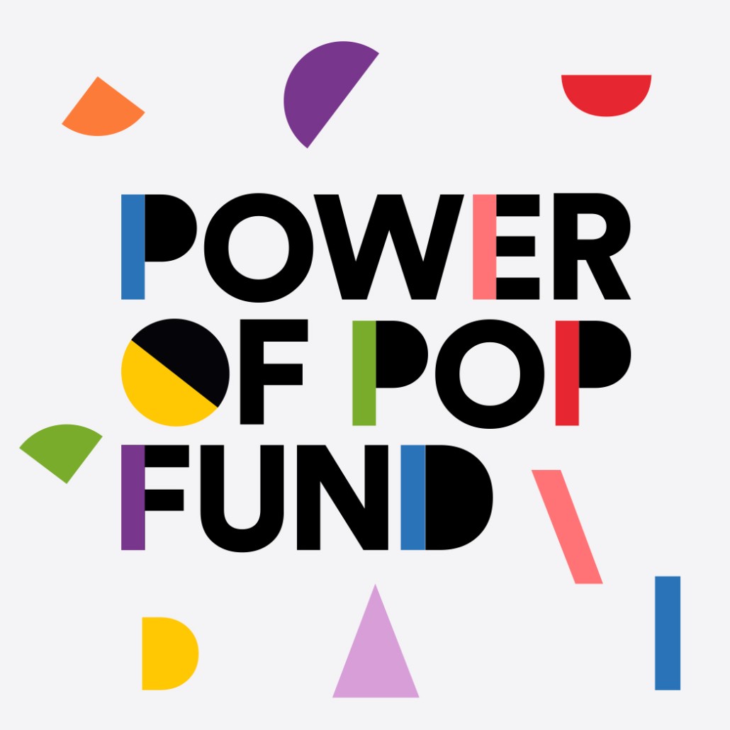 Power of pop fund title with colourful shapes.