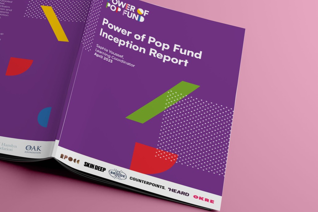 Power of pop fund report front cover which is purple and has colourful shapes.