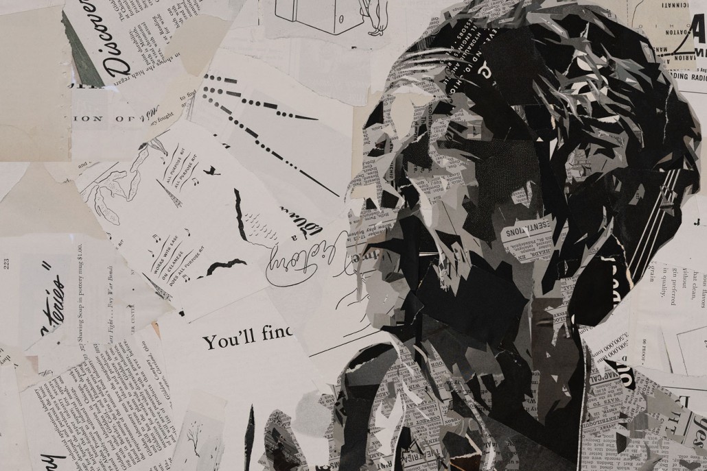 Bold black and white newspaper collage image of an older woman, showcasing her strength and wisdom