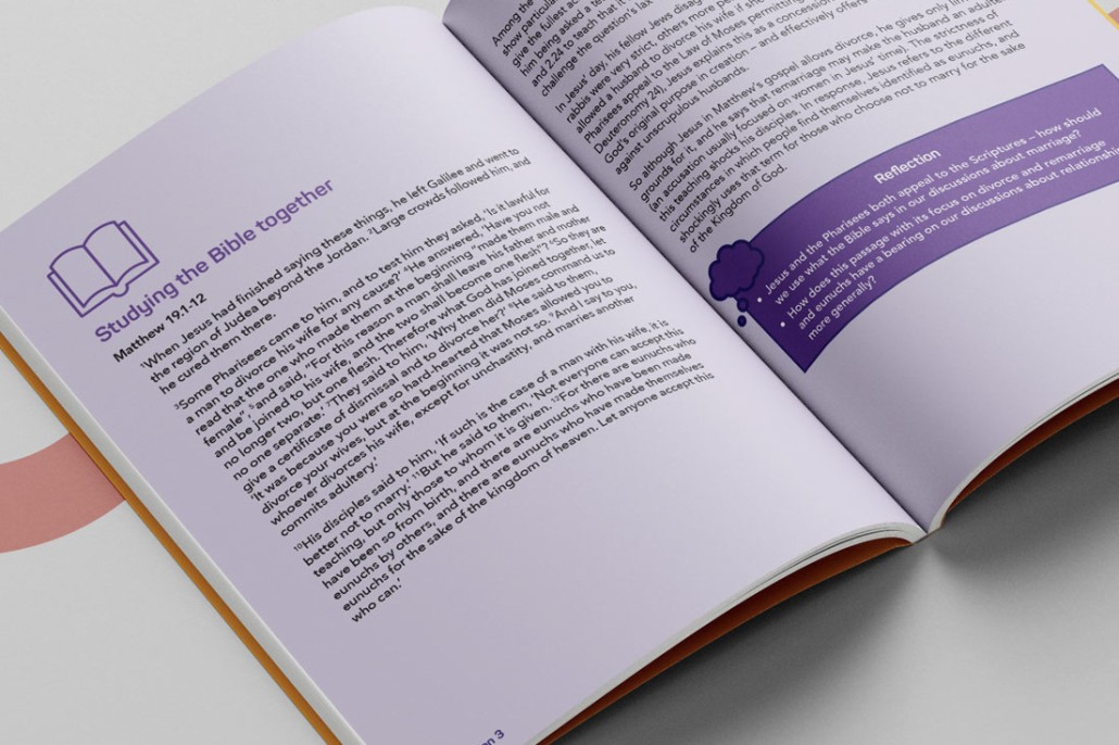 Open brochure with purple colour and text.