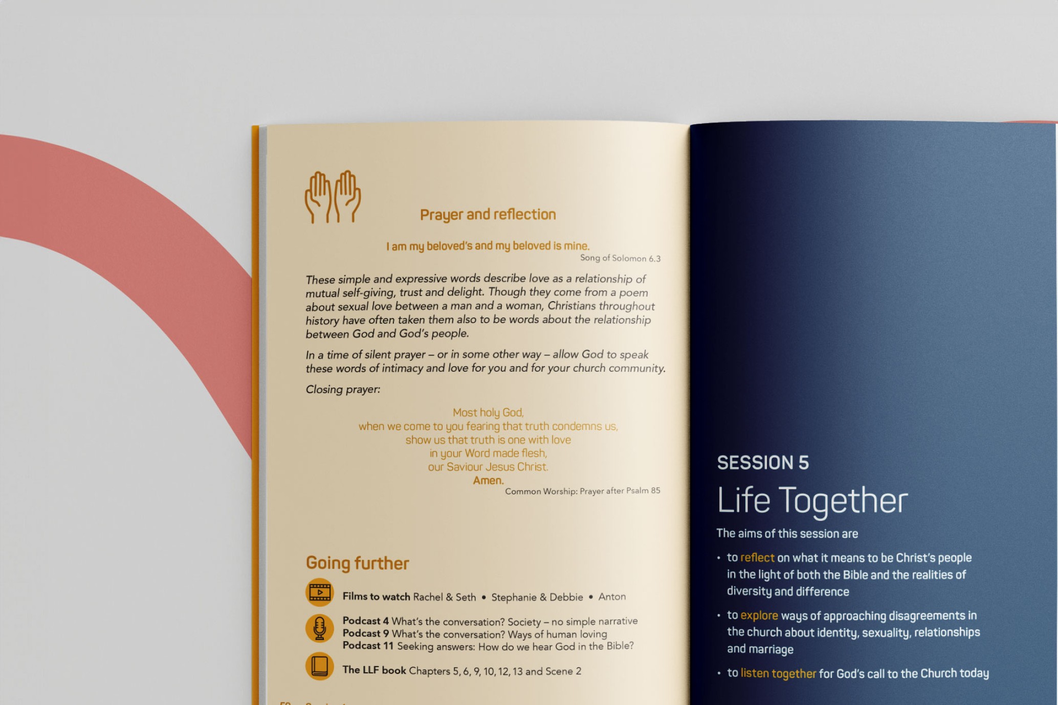 Open brochure with blue page and text.