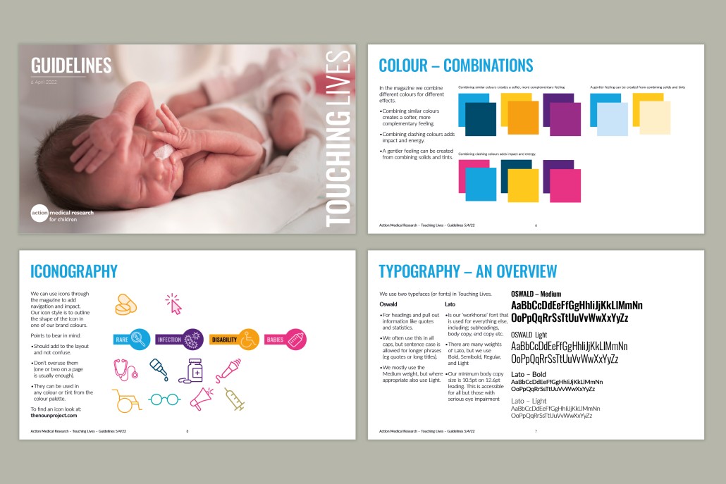 Action medical research brand guidelines including iconography, colour combinations and typography.