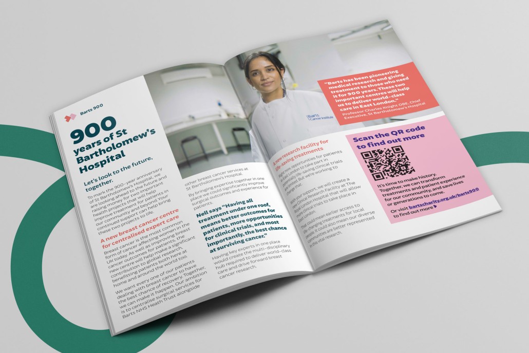 Open brochure with text and image of scientist in white lab coat.