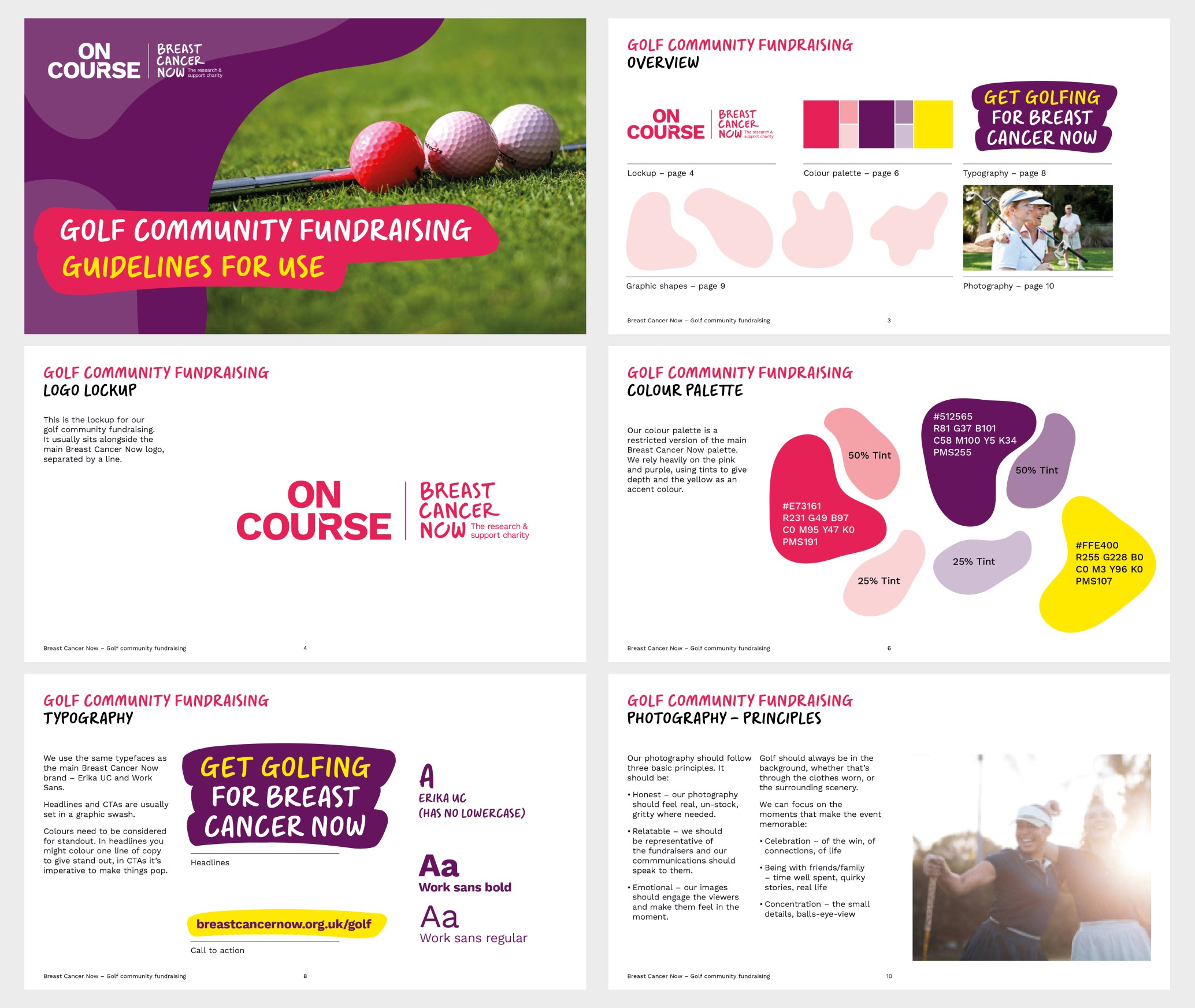 Image of Breast Cancer Now's brand guidelines, including fonts, colourful images, text and infographics.