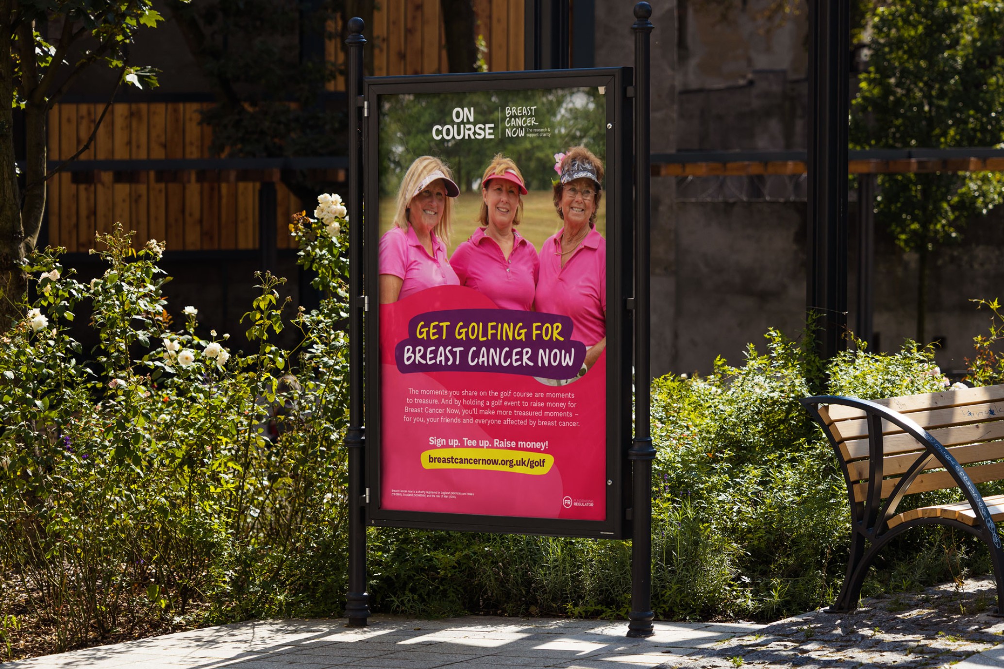 Image of a fundraising poster with 3 ladies dressed in pink for breast cancer, playing golf.