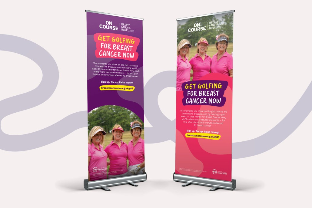 Image of two pull up banners promoting breast cancer now's golf challenge.