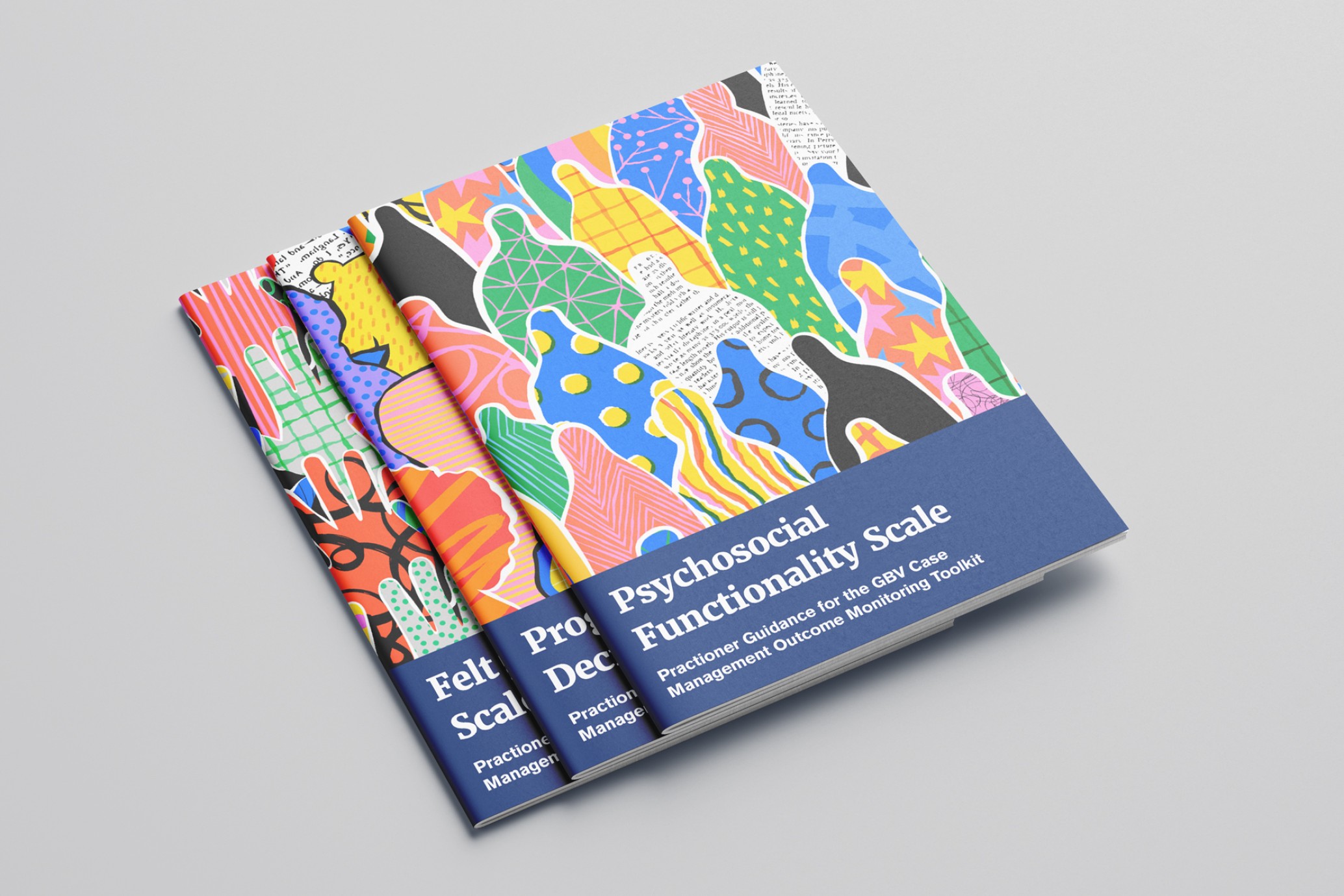 Front cover of a brochure titled 'Psychosocial Functionality Scale,' featuring vibrant silhouettes of people in various colours against a lively background