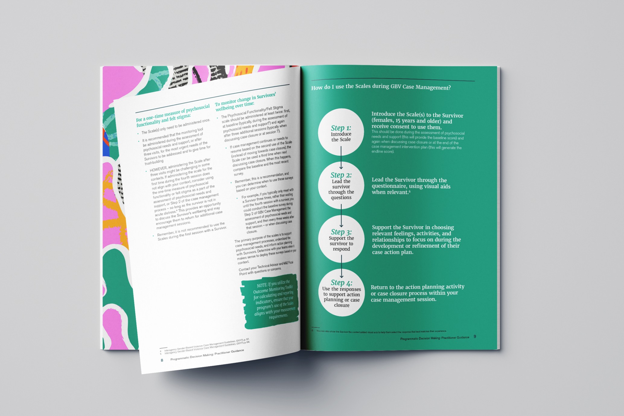 Open brochure with a green page and step by step chart to explain the scale during GBV Case Management.