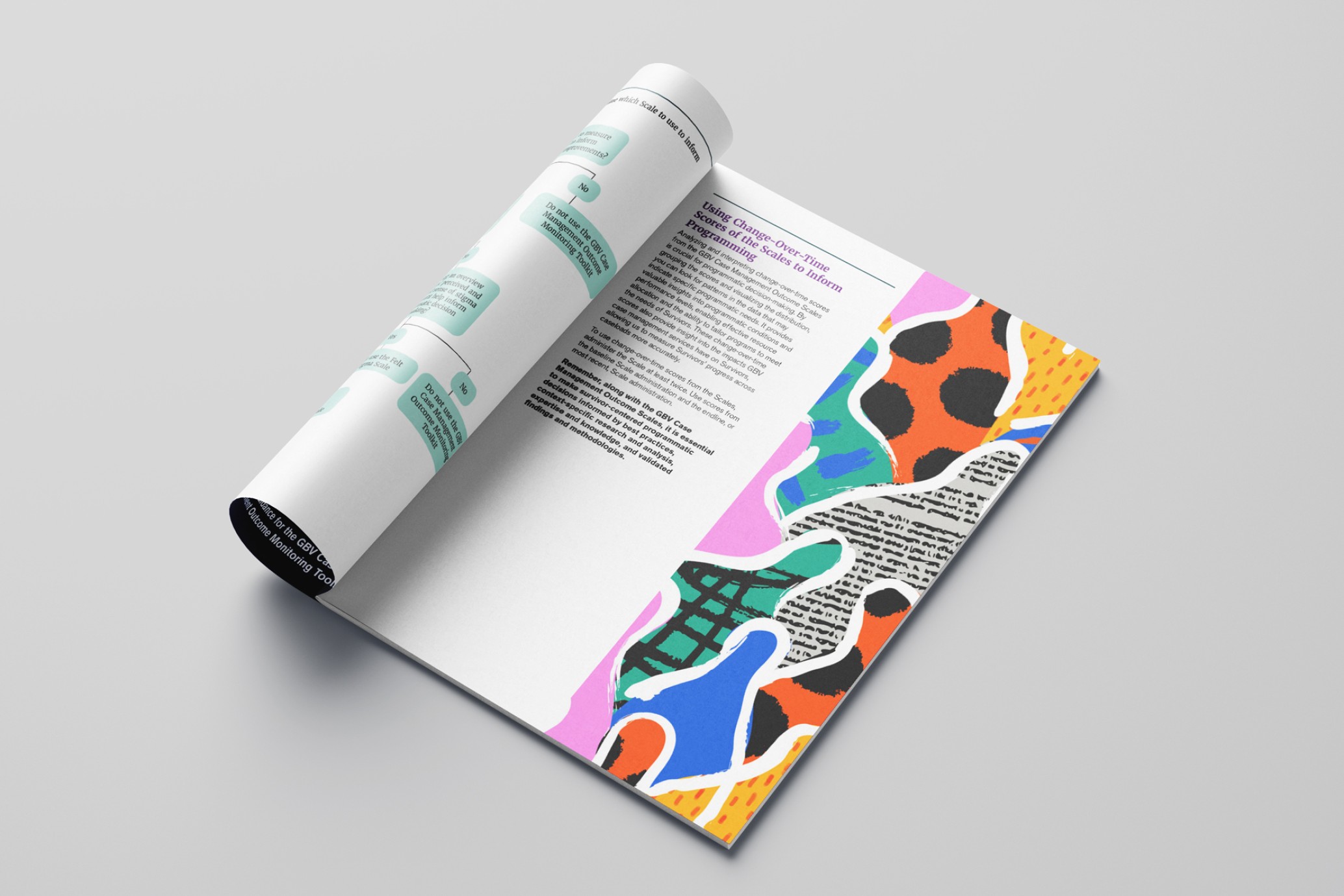 Open brochure featuring a page with vibrant colours and text.