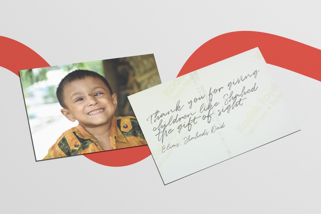 An image of Shahed and a thank you note from his mother for saving his sight.