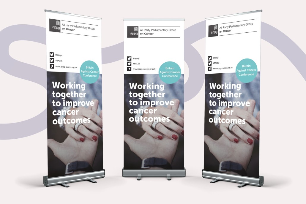 Image of 3 pop up banners. Title of all banners 'Working together to improve cancer outcomes'