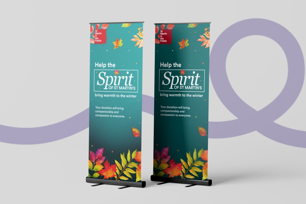 spirit of st martins logo and leaf background on pull up banners