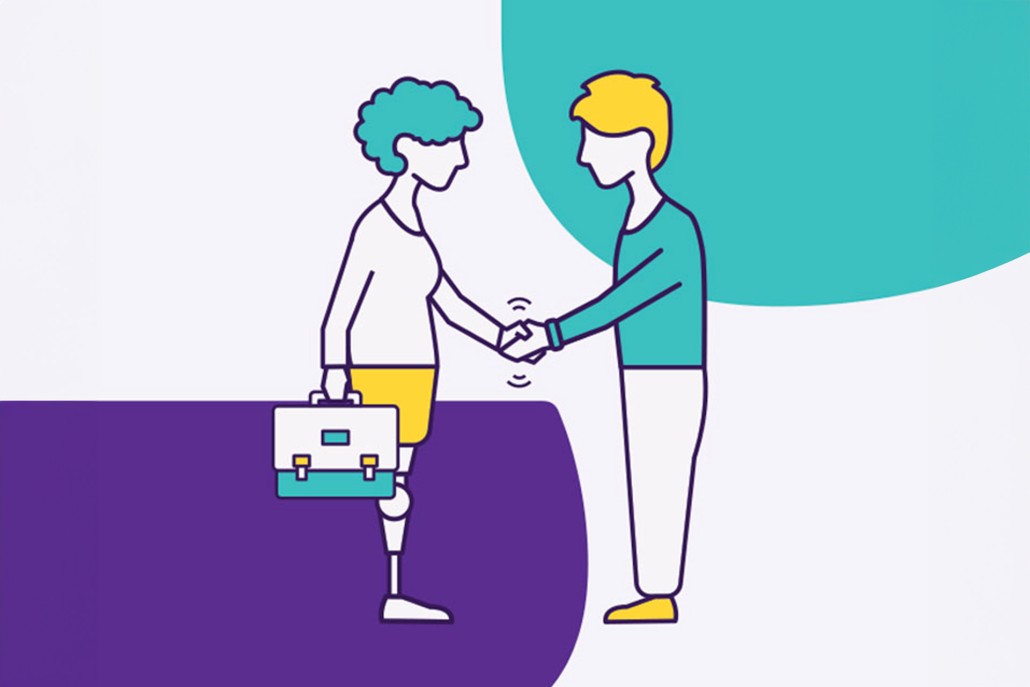 two stylised figures shaking hands, one with a prosthetic leg and holding a briefcase.