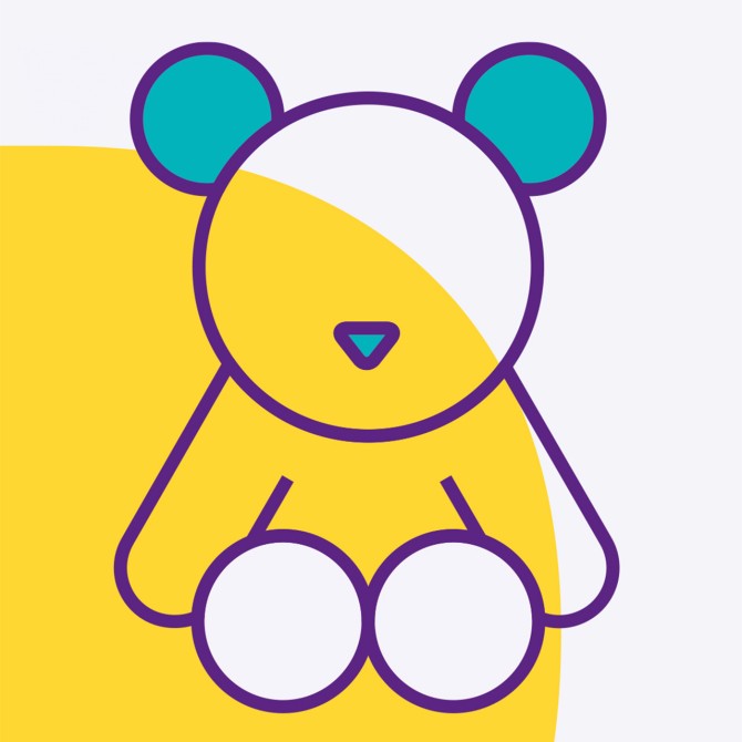 A teddy bear icon sitting on a yellow background.