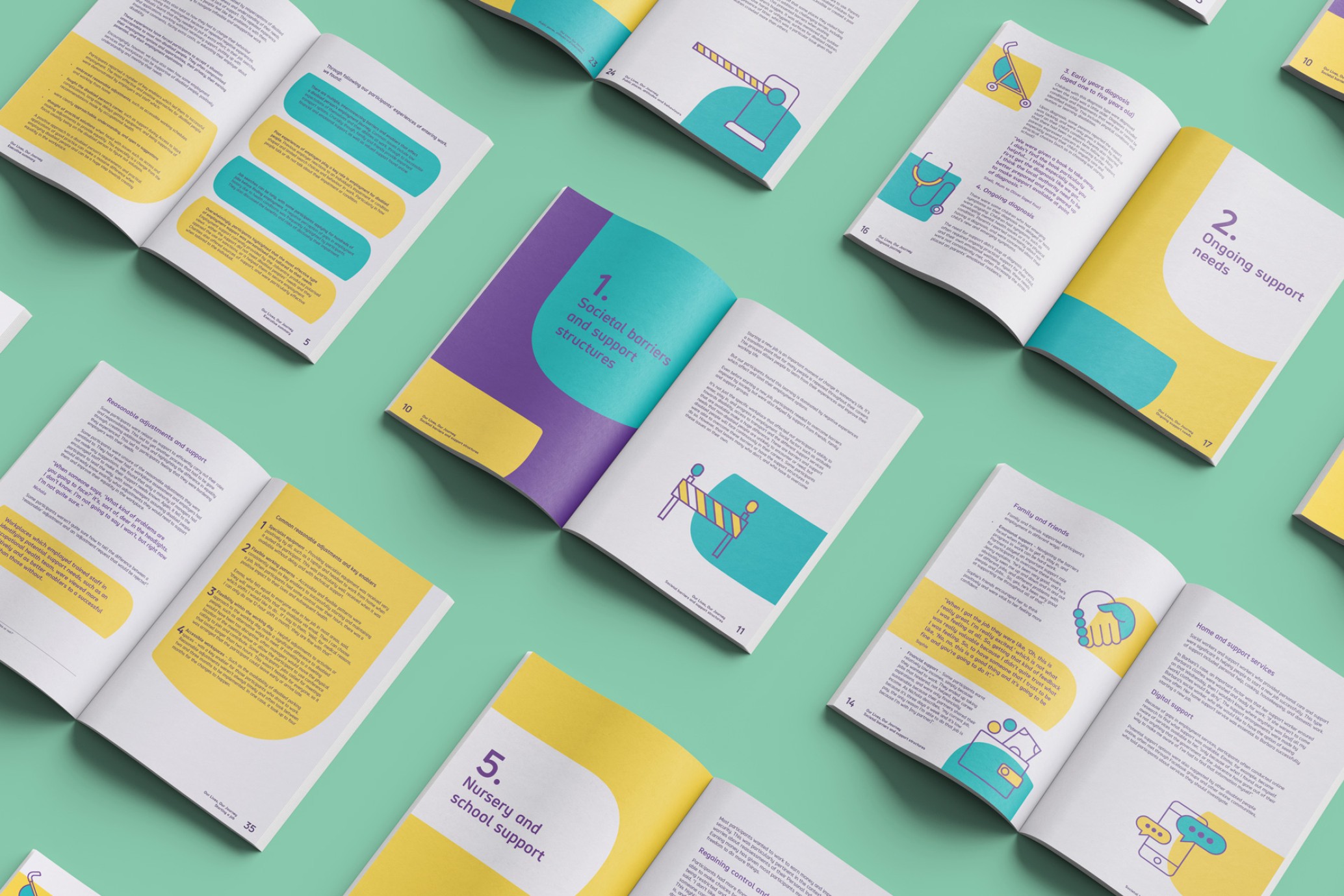 Open booklets of the 'Our Lives Our Journey' report with yellow, purple, and green pages, showcasing a vibrant mix of colours.