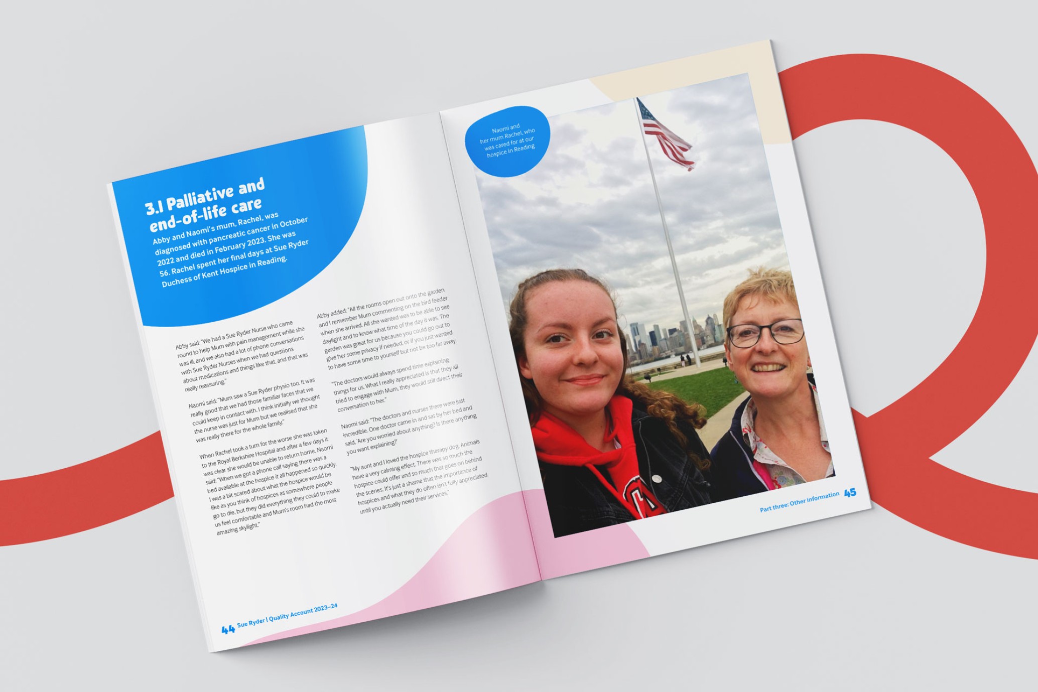 An open page of the quality report showing text and a picture of a lady and young girl with the USA flag in the background.