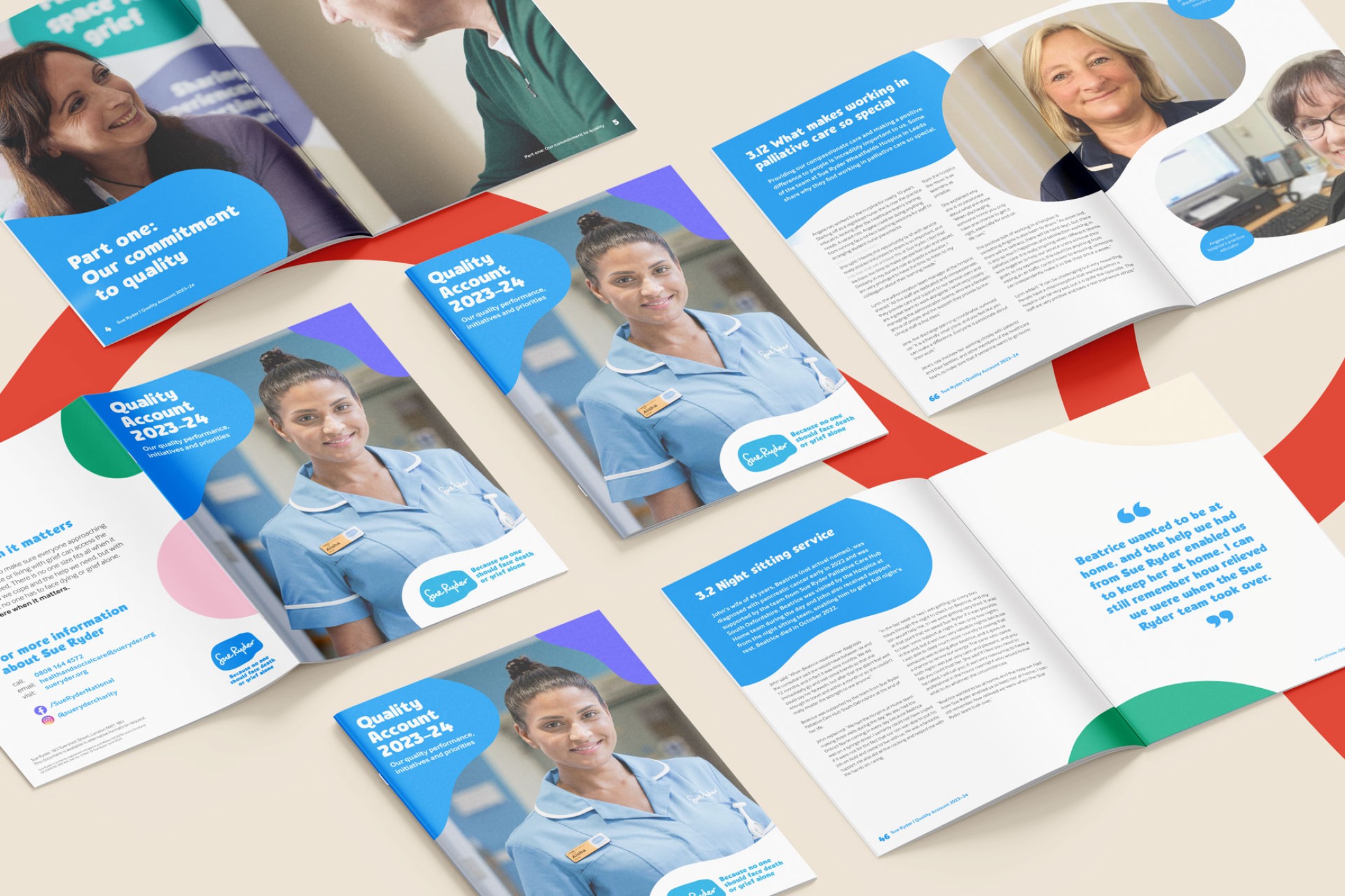 Various pages of the quality report for Sue Ryder showing a nurse and heathcare assistant