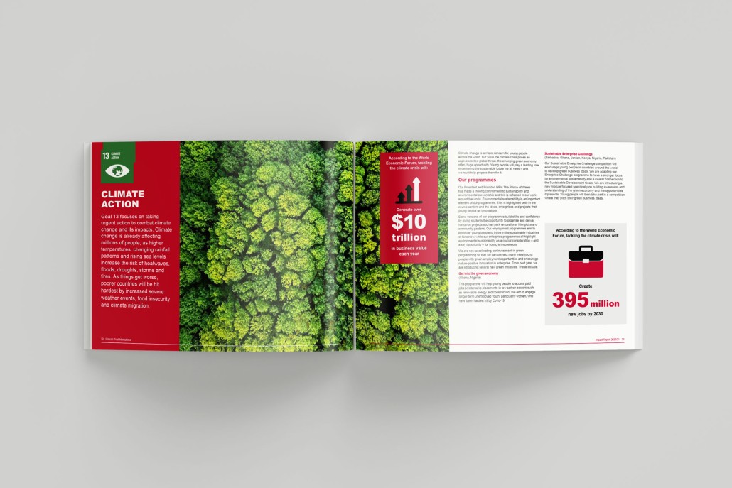 An open brochure displaying infographics and statistics in a red and white colour scheme.