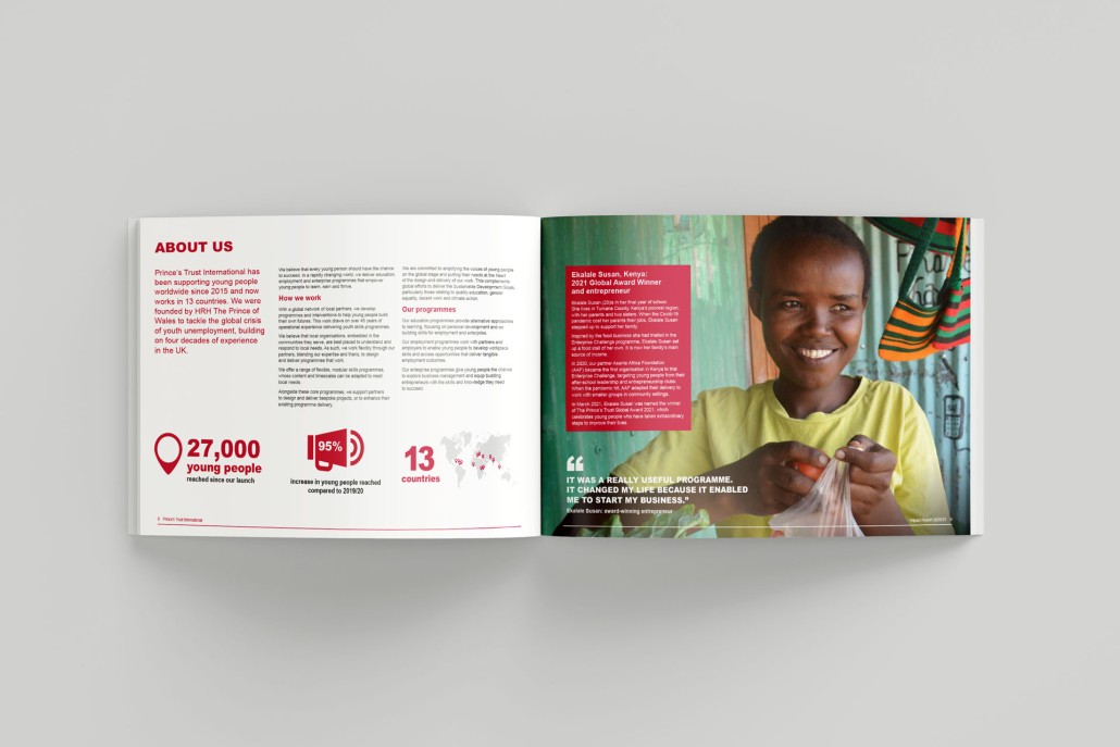 An open brochure displaying infographics and statistics in a red and white colour scheme. The page also features an image of a young girl smiling.